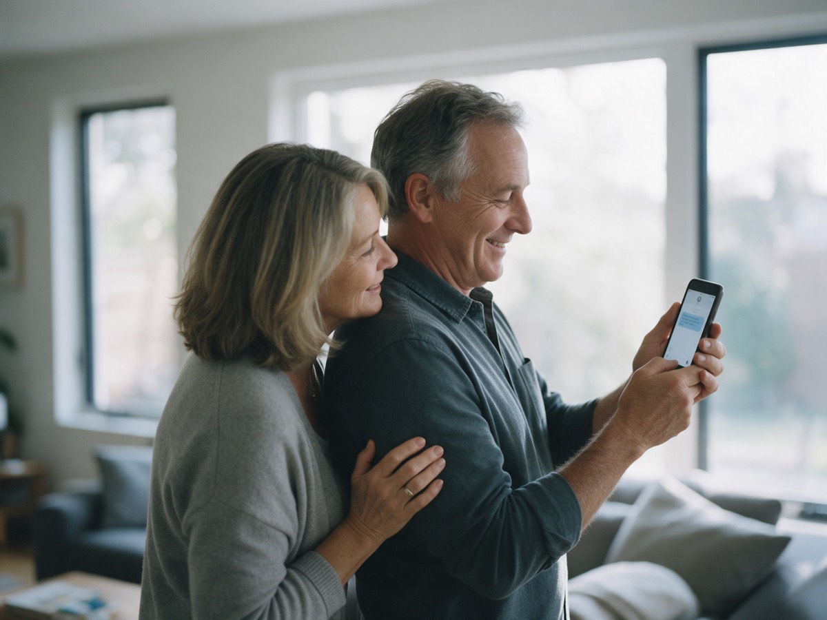 Kundenpaar im Wohnzimmer liest entspannt eine Statusnachricht auf dem Smartphone