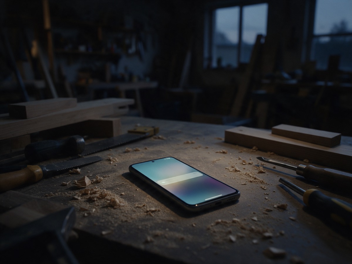 Smartphone mit ungelesener Nachricht auf der Werkbank einer leeren Werkstatt am Abend