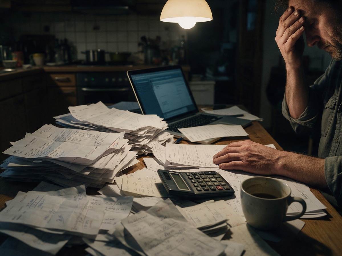 Küchentisch spätabends mit Papierstapeln, Taschenrechner, Laptop und Kaffeetasse
